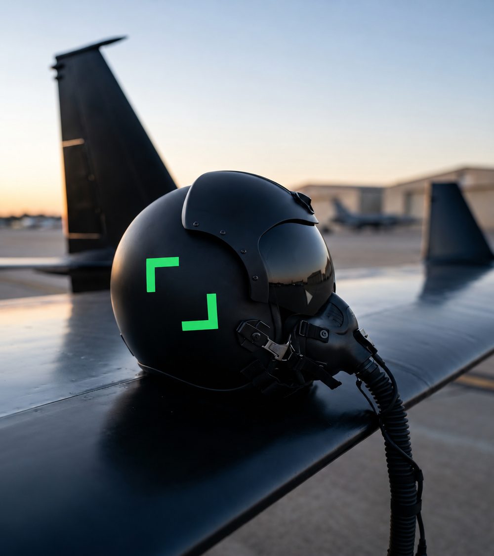 A PURSUIT flight helmet with the green brackets resting on a Skyhawk wing at dawn