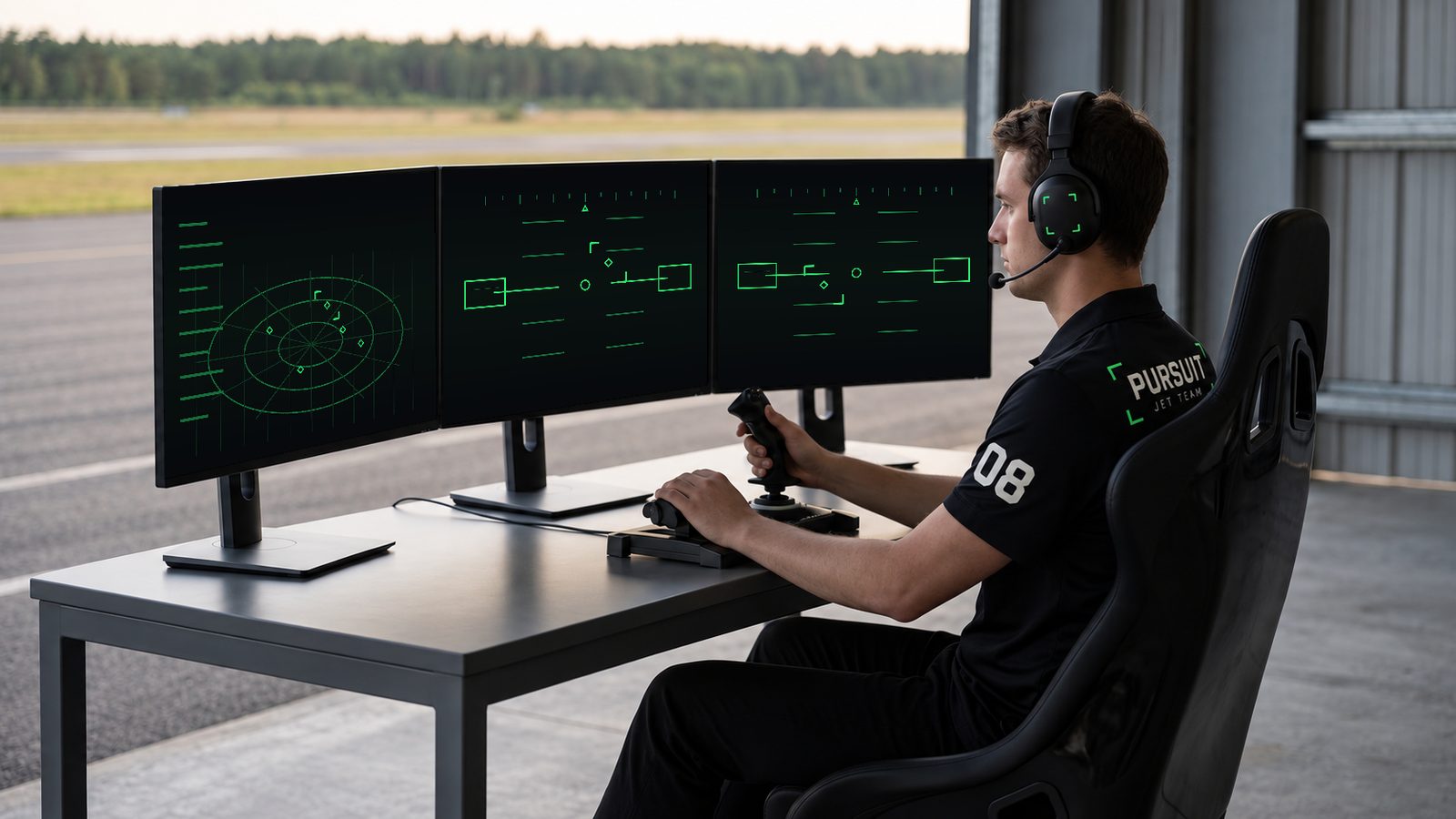 A gamer at the trackside control station in PURSUIT polo and headset, three screens showing the combat system