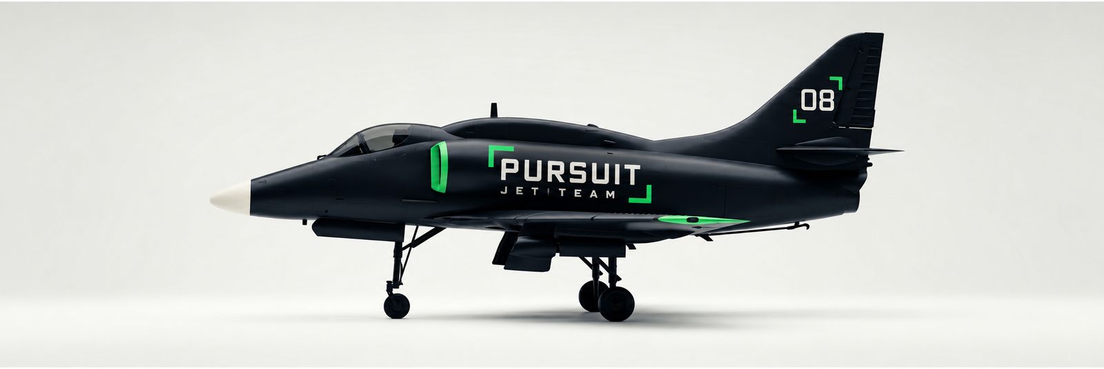 Side profile of PURSUIT Skyhawk 08 in team livery: ink black, bone nose cone, green intake lip and wingtip, the number framed by the lock brackets on the tail