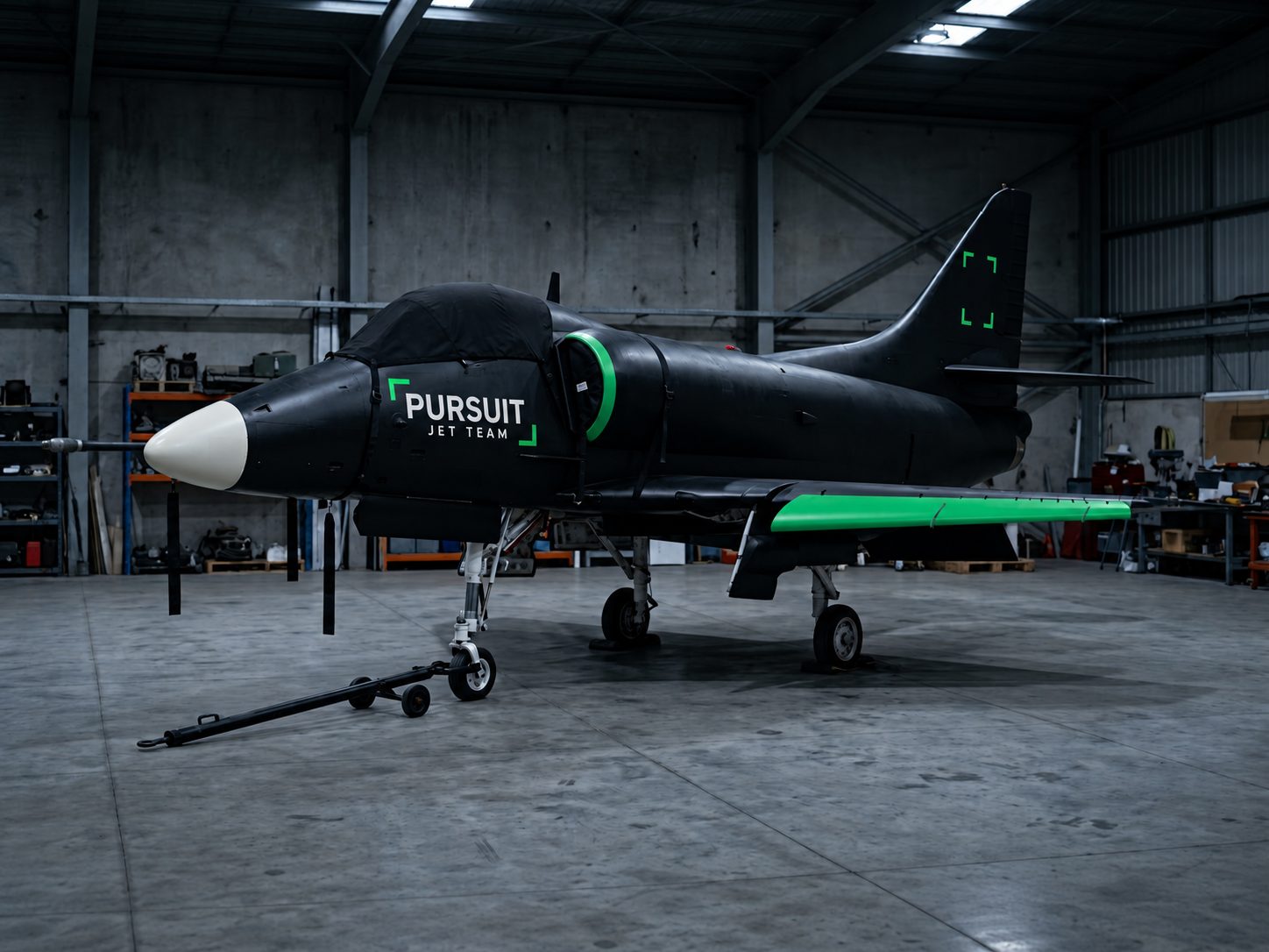 The replacement Skyhawk under covers in a hangar, empty brackets on its tail where the number would go