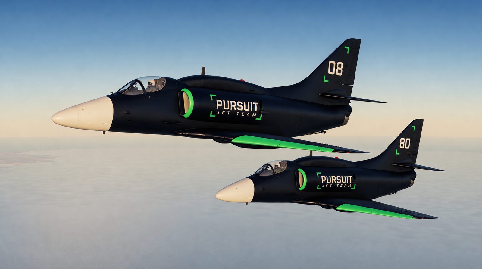 Two PURSUIT Skyhawks in formation at dawn, the second aircraft low and behind the leader
